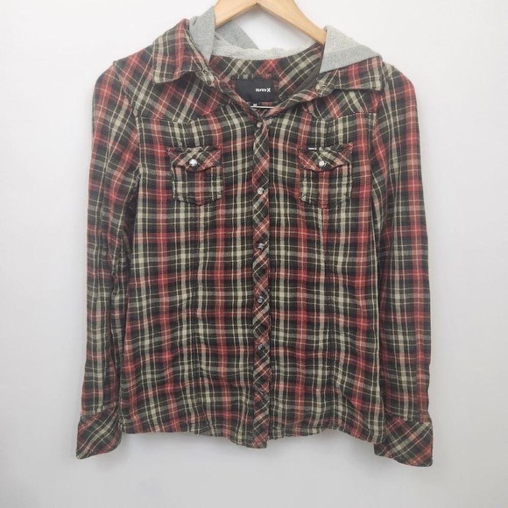 Hurley Brown‎ And Red Plaid Hooded Jacket Size M